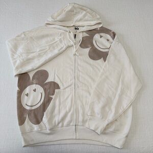 SO Smiley Flower Zip-Up Hoodie Cream & Taupe